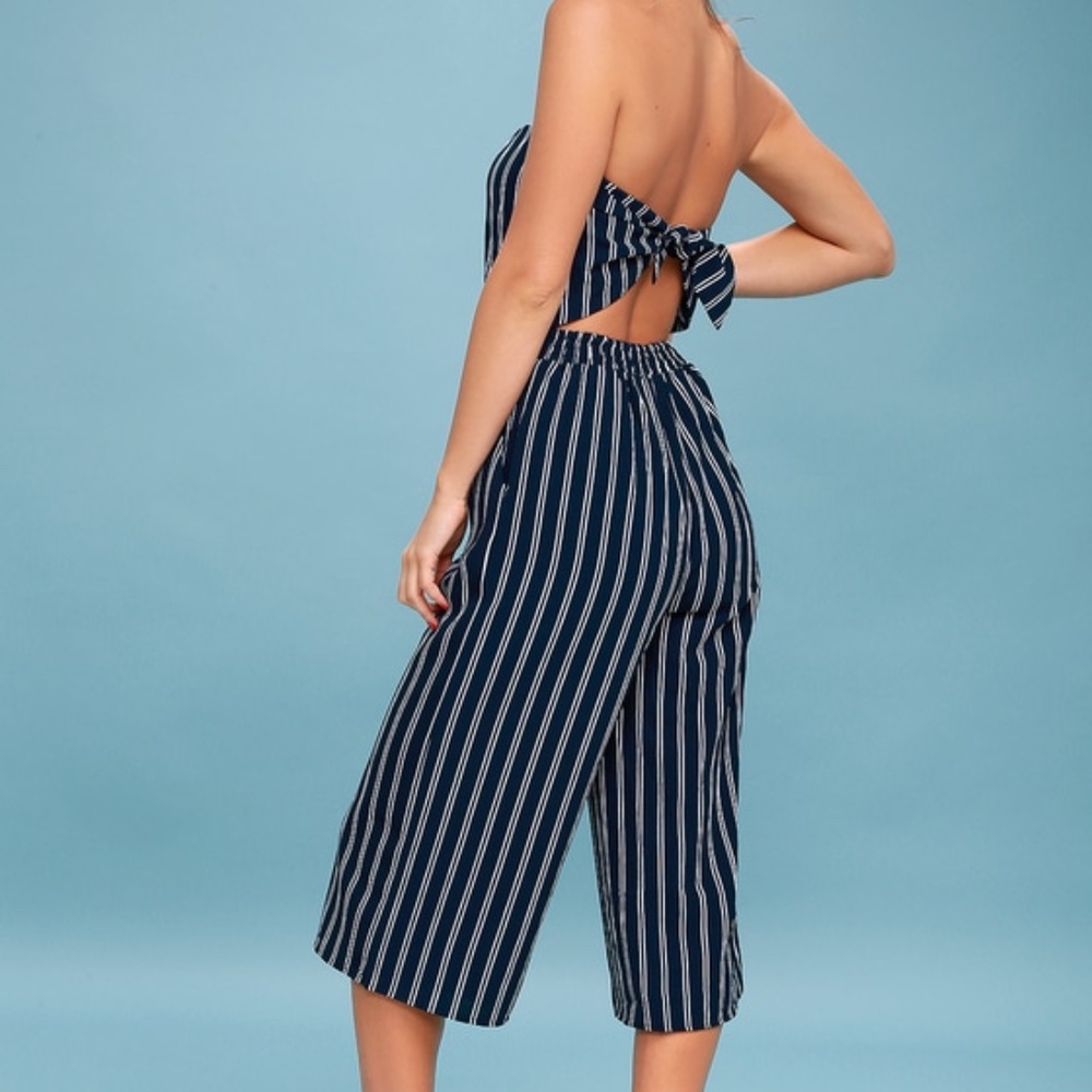 Lulus Saltwater And Sun Navy Blue Striped Strapless Midi Jumpsuit - Size Medium